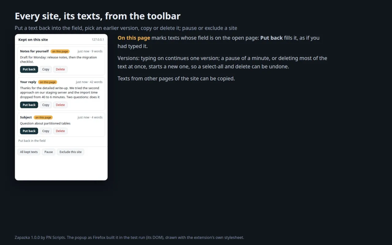 The toolbar popup with three texts kept on the site, each with Put back, Copy and Delete