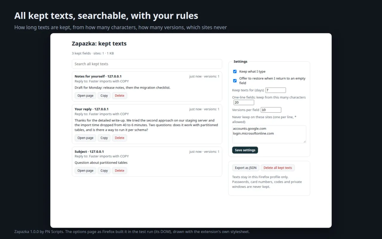 The options page with the list of kept texts, a search box and the settings for days, length, versions and excluded sites