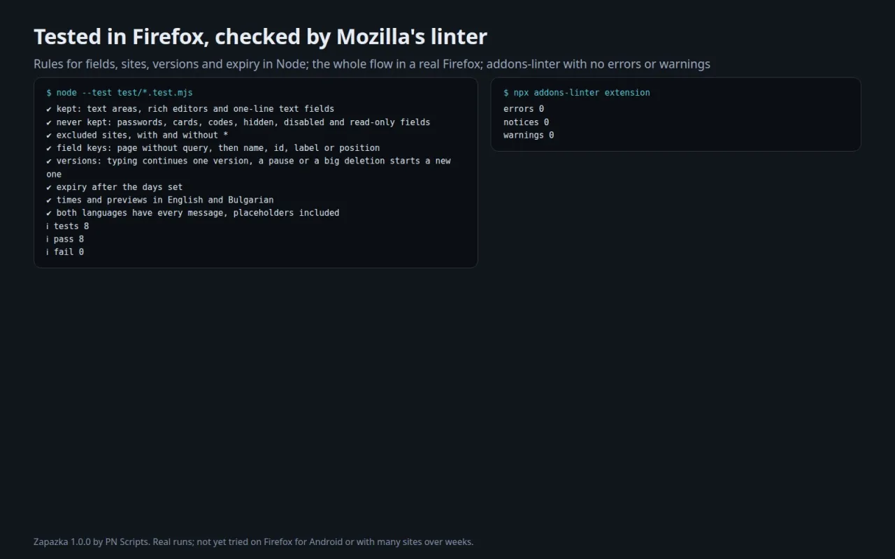 8 passing Node tests and Mozilla's addons-linter with no errors, warnings or notices