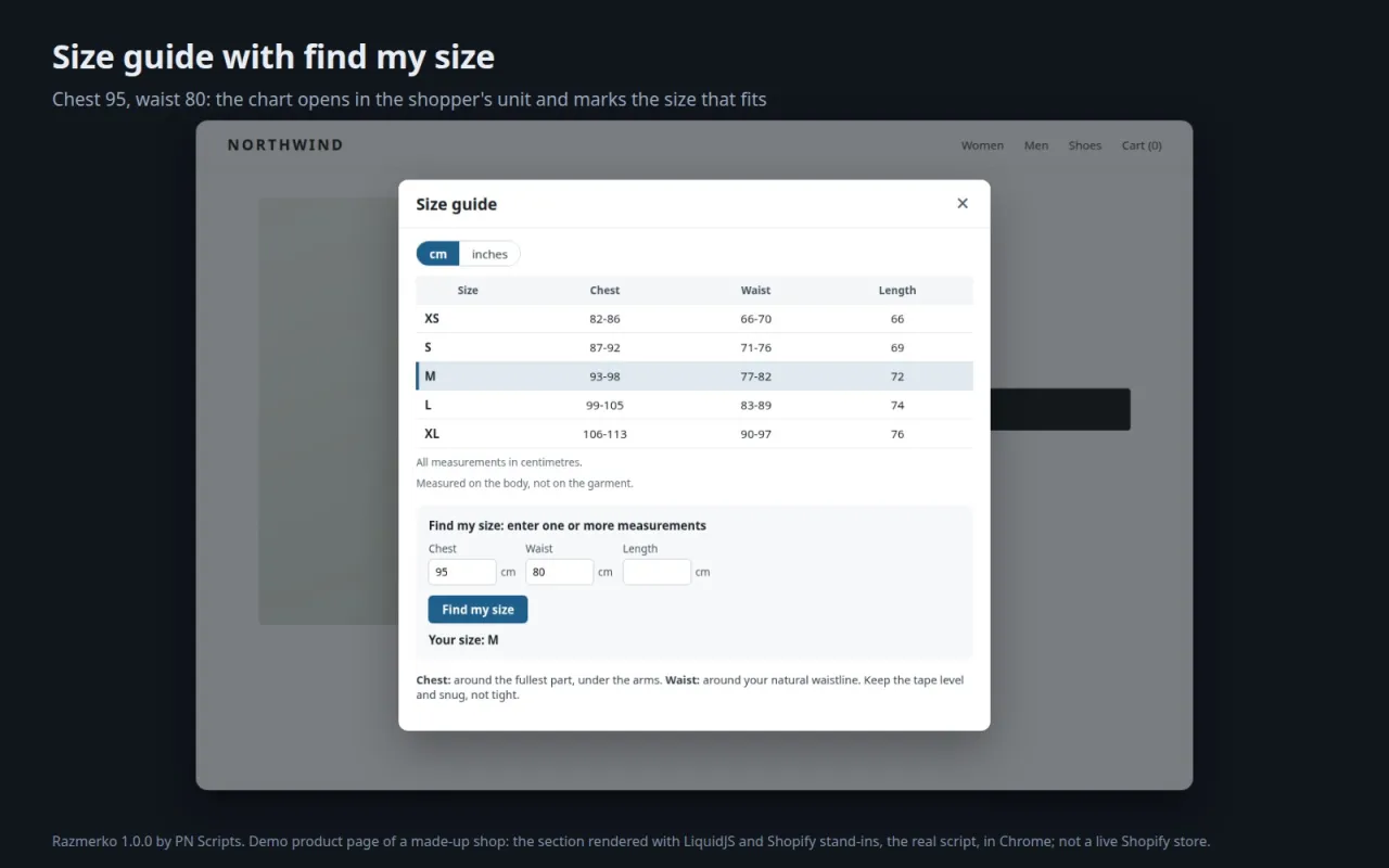 A made-up shop's product page with the size guide open: a size chart in centimetres and size M marked for chest 95 and waist 80
