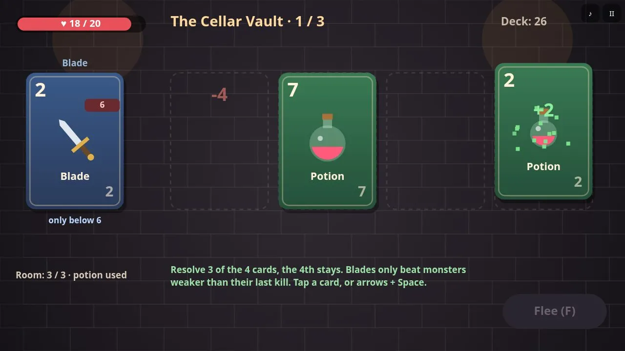 A room of four cards with a blade equipped