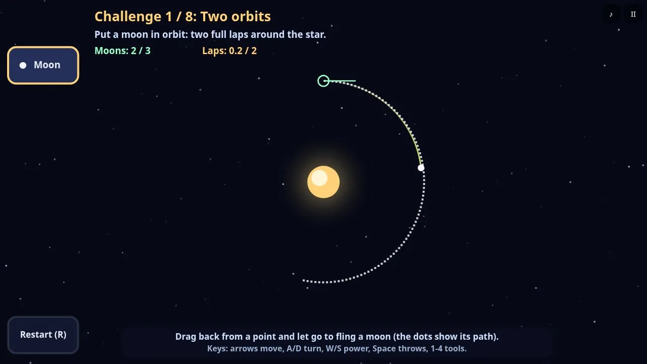 A moon launched with its dotted path around a star