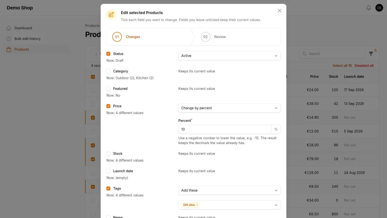 Bulk edit form with Status set to Active, Price changed by 10 percent and a Gift idea tag added, with current values under each field
