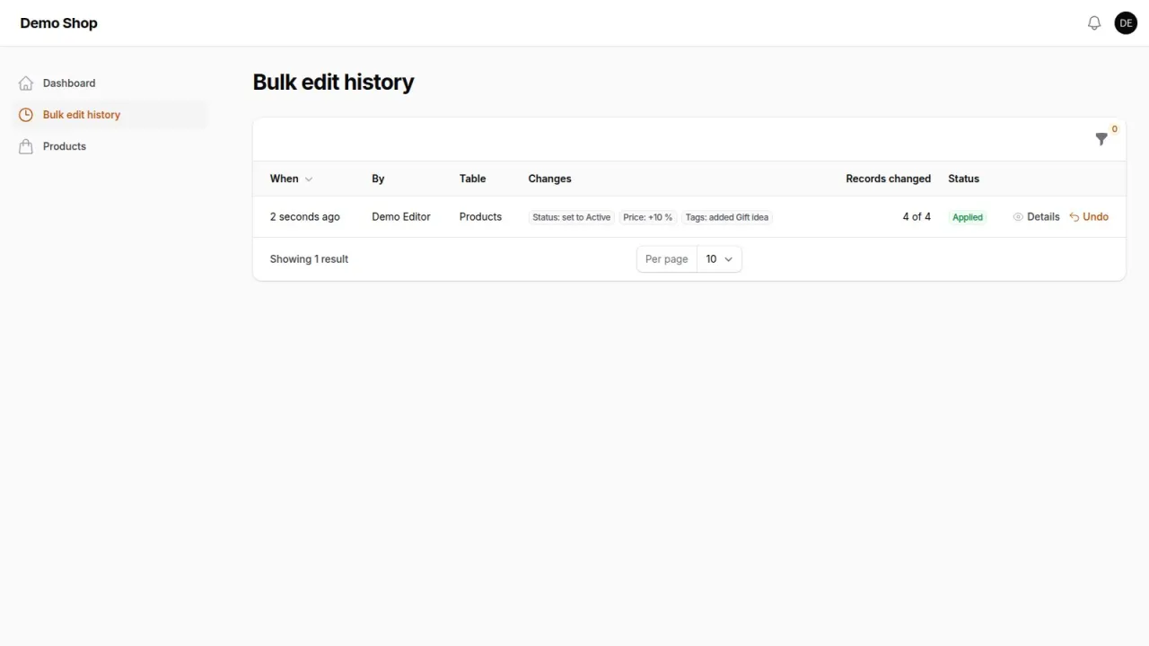 Bulk edit history page listing a run with the user, the table, the changes per field and Details and Undo actions