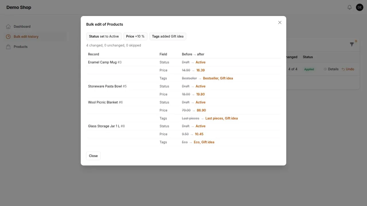 Details of a bulk edit run with each product and its values before and after