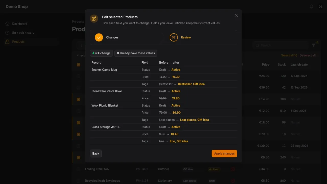 The review step in Filament's dark mode
