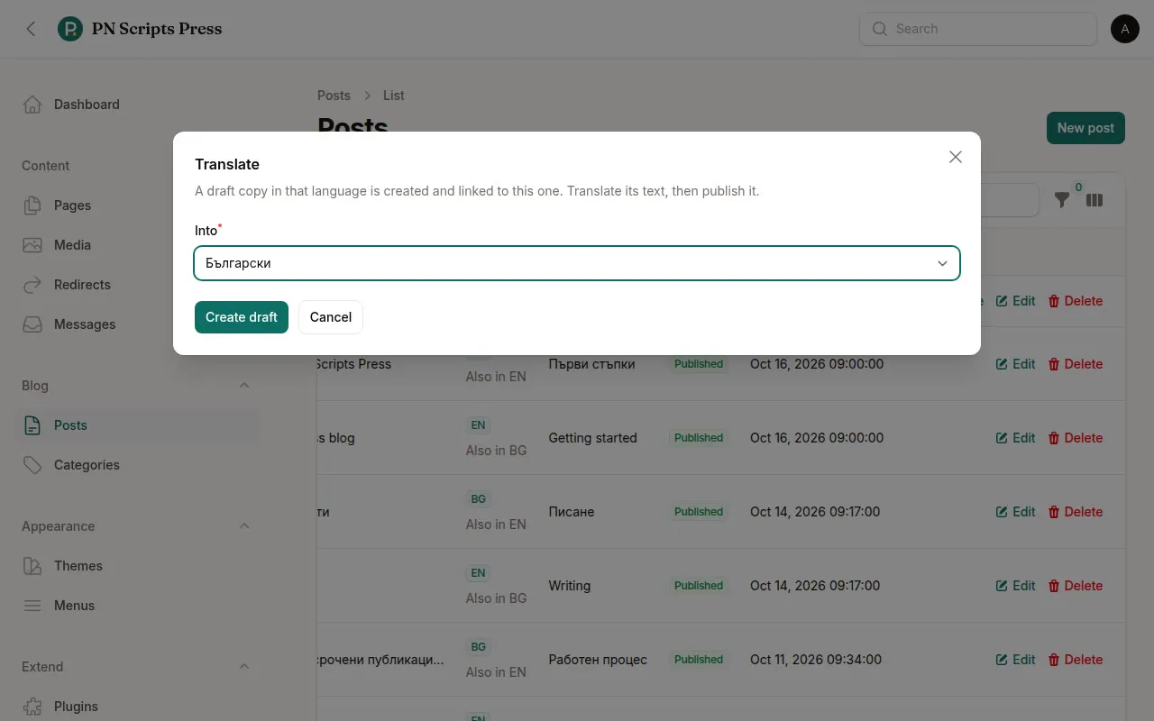 PN Scripts Press admin: the Translate dialog that creates a linked draft of a post in another language.