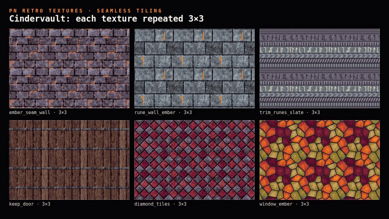 Six Cindervault textures each repeated 3 × 3: an ember seam wall, a rune wall, a rune trim, a keep door, diamond tiles and an ember window