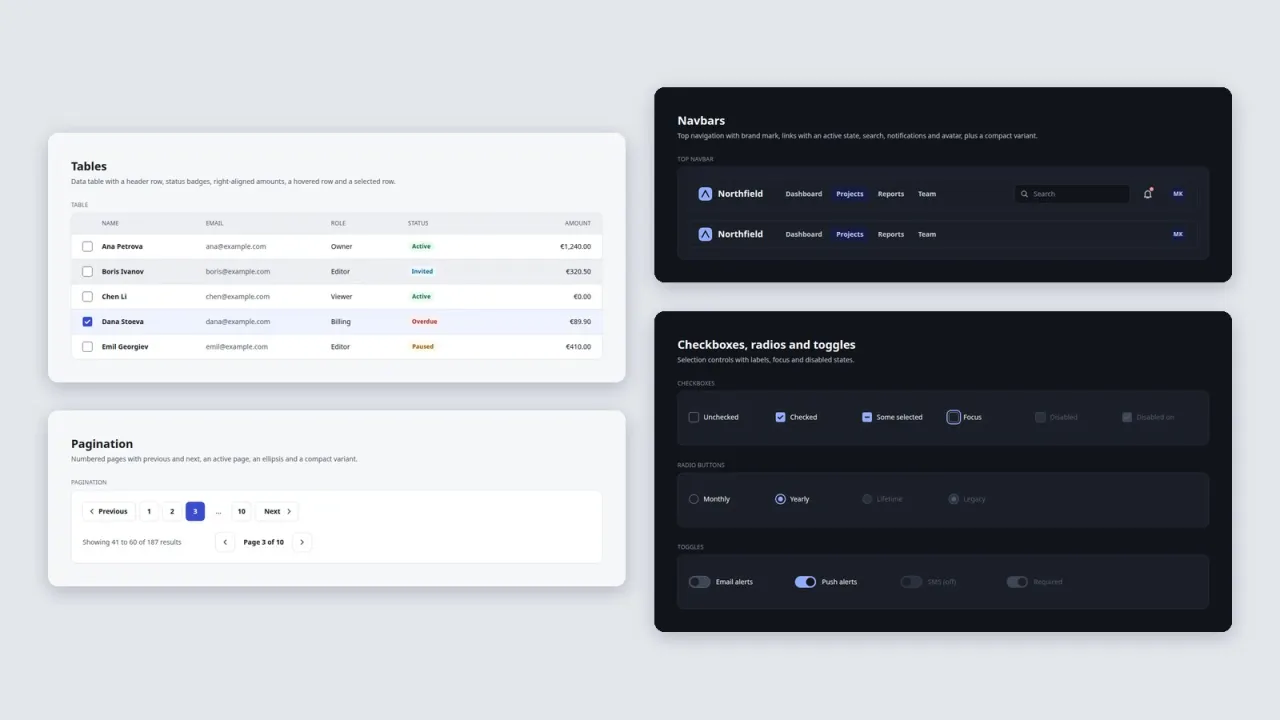 Table and pagination sheets in light, navbar and selection controls in dark