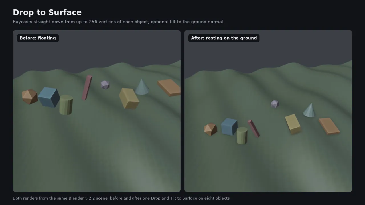 Eight objects floating above uneven ground on the left and resting on it, tilted to the slope, on the right