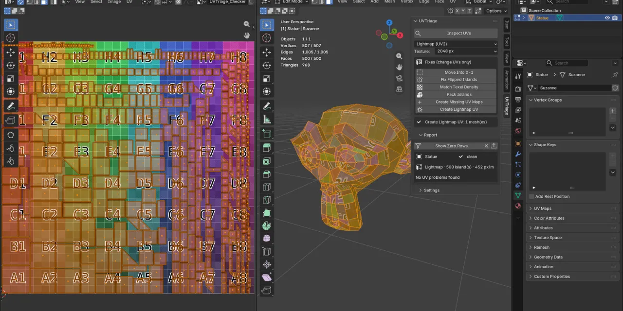 A Suzanne statue with a new Lightmap UV map of 500 islands, reported clean for the Lightmap (UV2) target