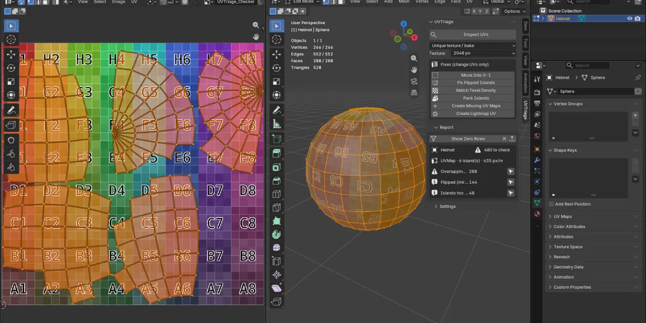 The UVTriage report for a sphere: 288 overlapping faces, 144 flipped faces and 48 islands too close, each with a select button