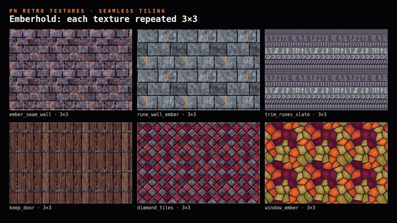 Six Emberhold textures each repeated 3 × 3: an ember seam wall, a rune wall, a rune trim, a keep door, diamond tiles and an ember window
