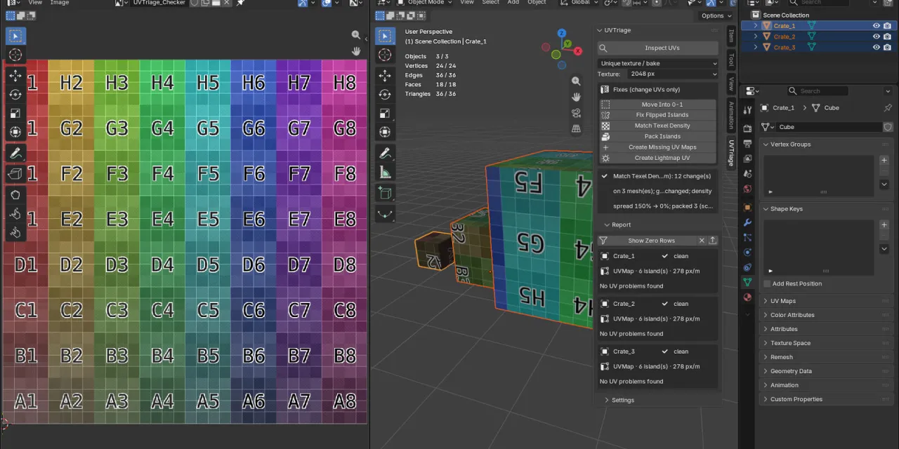Three crates after Match Texel Density: 12 changes on 3 meshes, density spread from 150% to 0%, all three reported clean