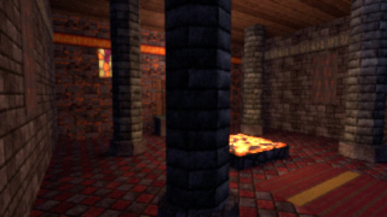 A slate pillar in front of glowing coals, brick walls and a stained glass window