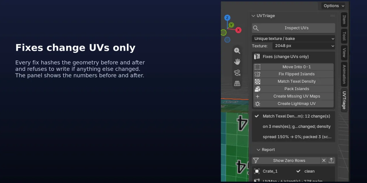 The UVTriage panel with the fixes Move Into 0-1, Fix Flipped Islands, Match Texel Density, Pack Islands, Create Missing UV Maps and Create Lightmap UV