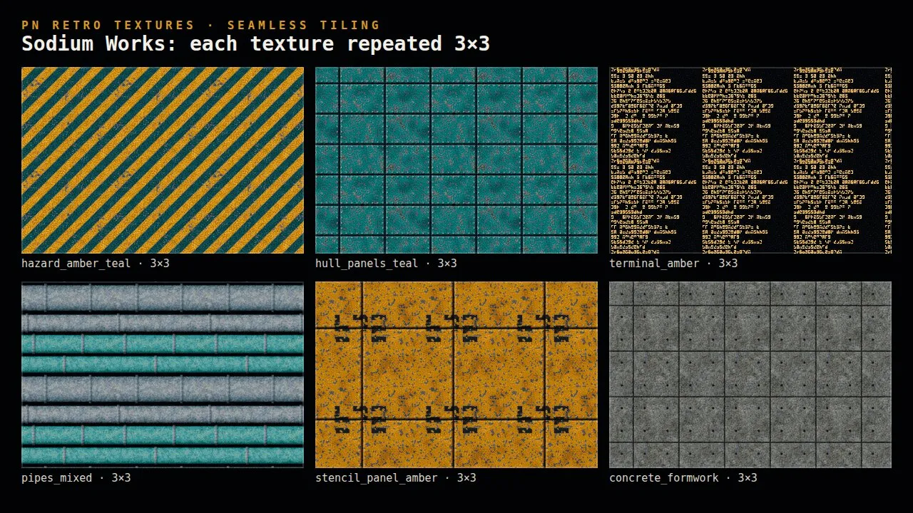 Six Sodium Works textures each repeated 3 × 3: amber and teal hazard stripes, teal hull panels, an amber terminal, mixed pipes, an amber stencil panel and concrete formwork
