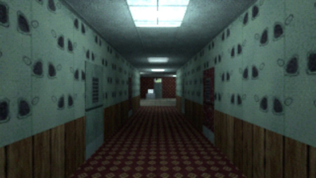 A ward corridor in Blender with mint ornament wallpaper, wooden wainscoting, a maroon carpet and fluorescent ceiling lights