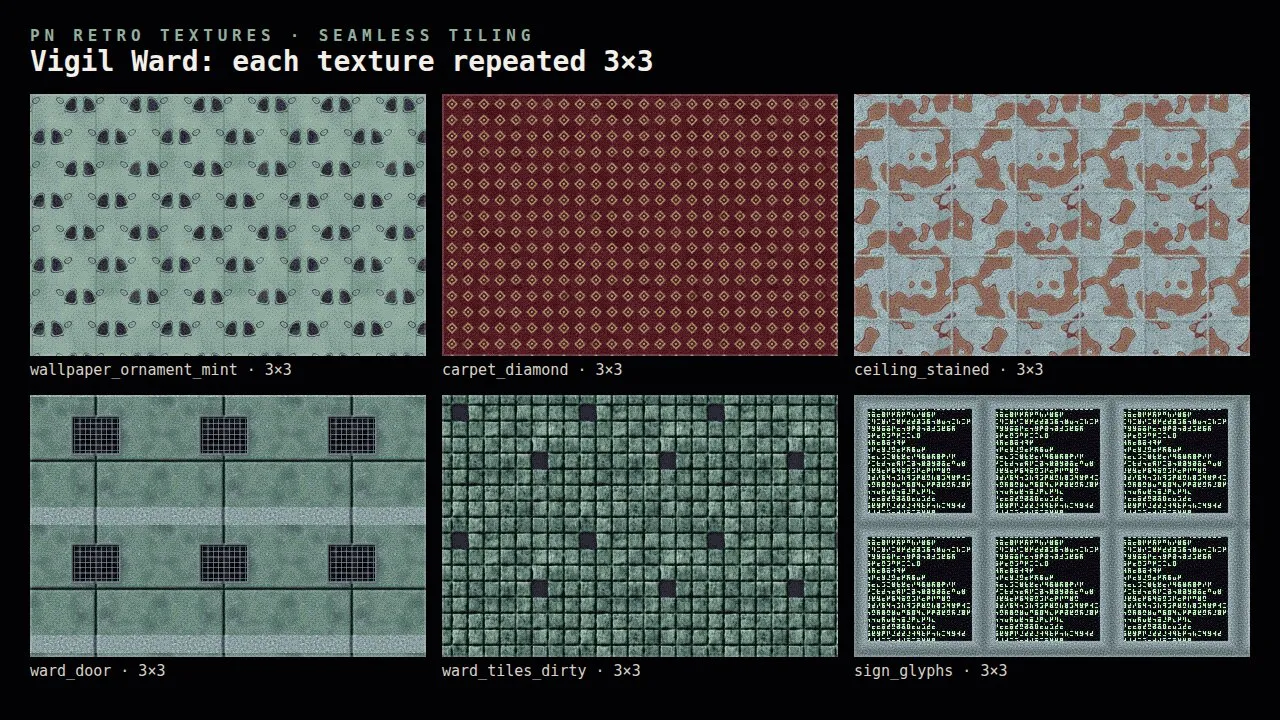 Six Vigil Ward textures each repeated 3 × 3: mint ornament wallpaper, diamond carpet, a stained ceiling, a ward door, dirty ward tiles and glyph signs