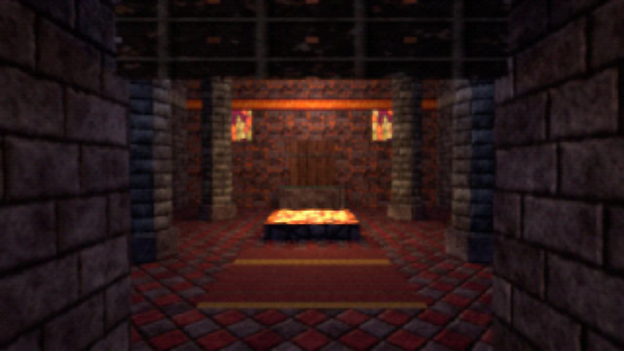A dungeon hall in Blender built from Emberhold textures: plum slate walls, a pit of glowing coals, a red diamond floor and stained glass windows