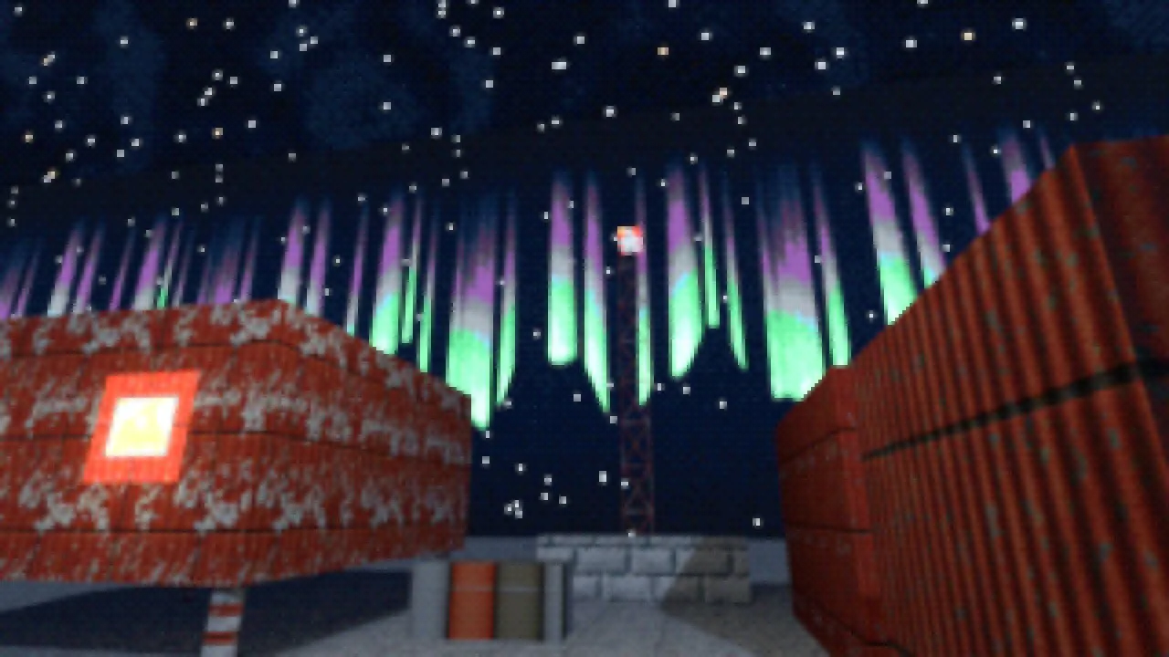 A polar station at night in Blender: vermilion huts furred with rime, a radio mast with a beacon, a stone wall and fuel drums under a green and violet aurora