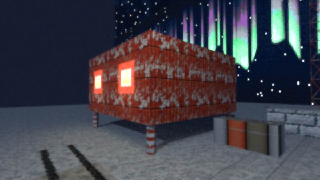 A vermilion station hut on stilts with two lit windows, fuel drums and a snow-covered wall under the aurora