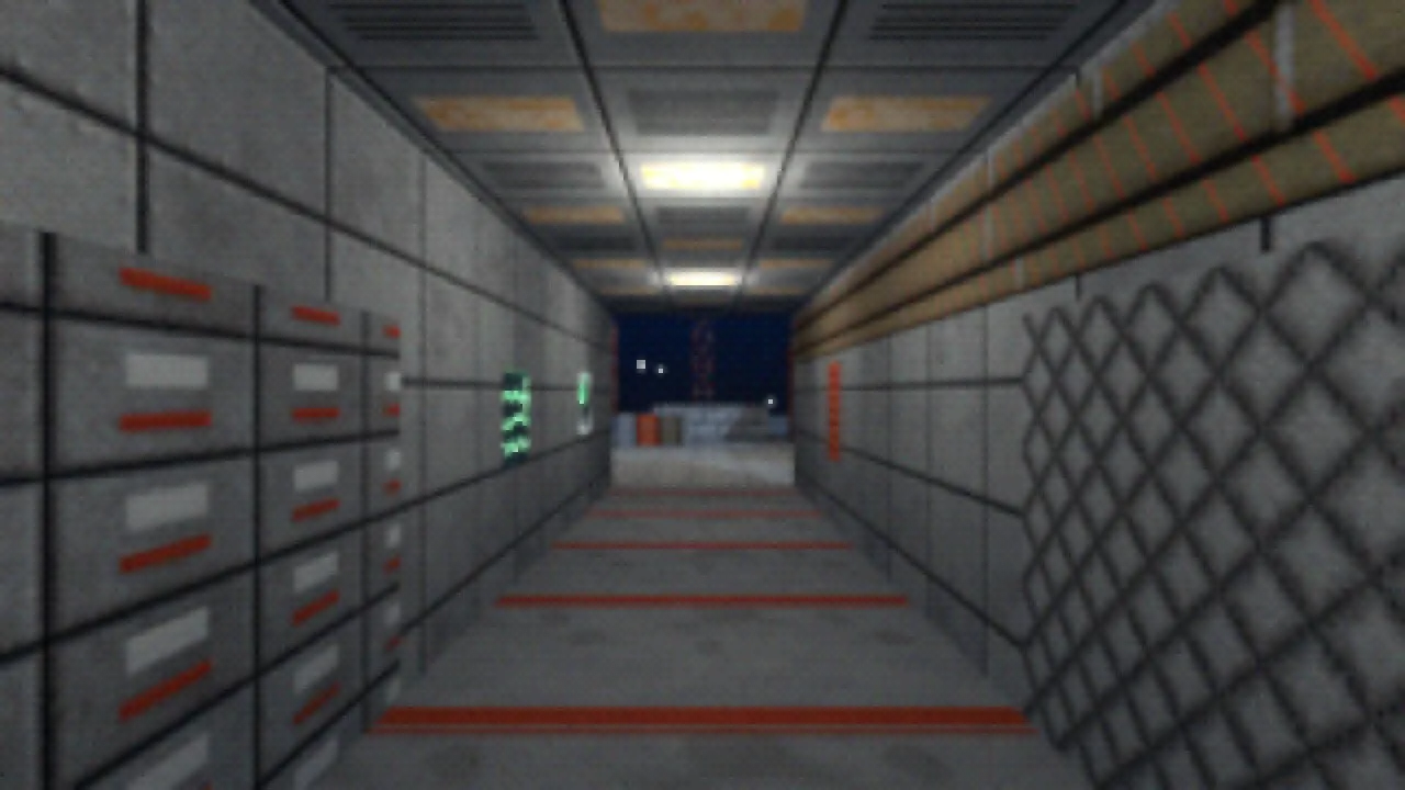 A station corridor with grey wall panels, vermilion guide stripes on the floor, ceiling lights and a quilted insulation wall