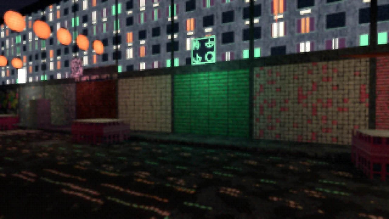 A row of shopfronts in the rain: cream and rose tiles, a green shutter under a jade neon sign and rose crates
