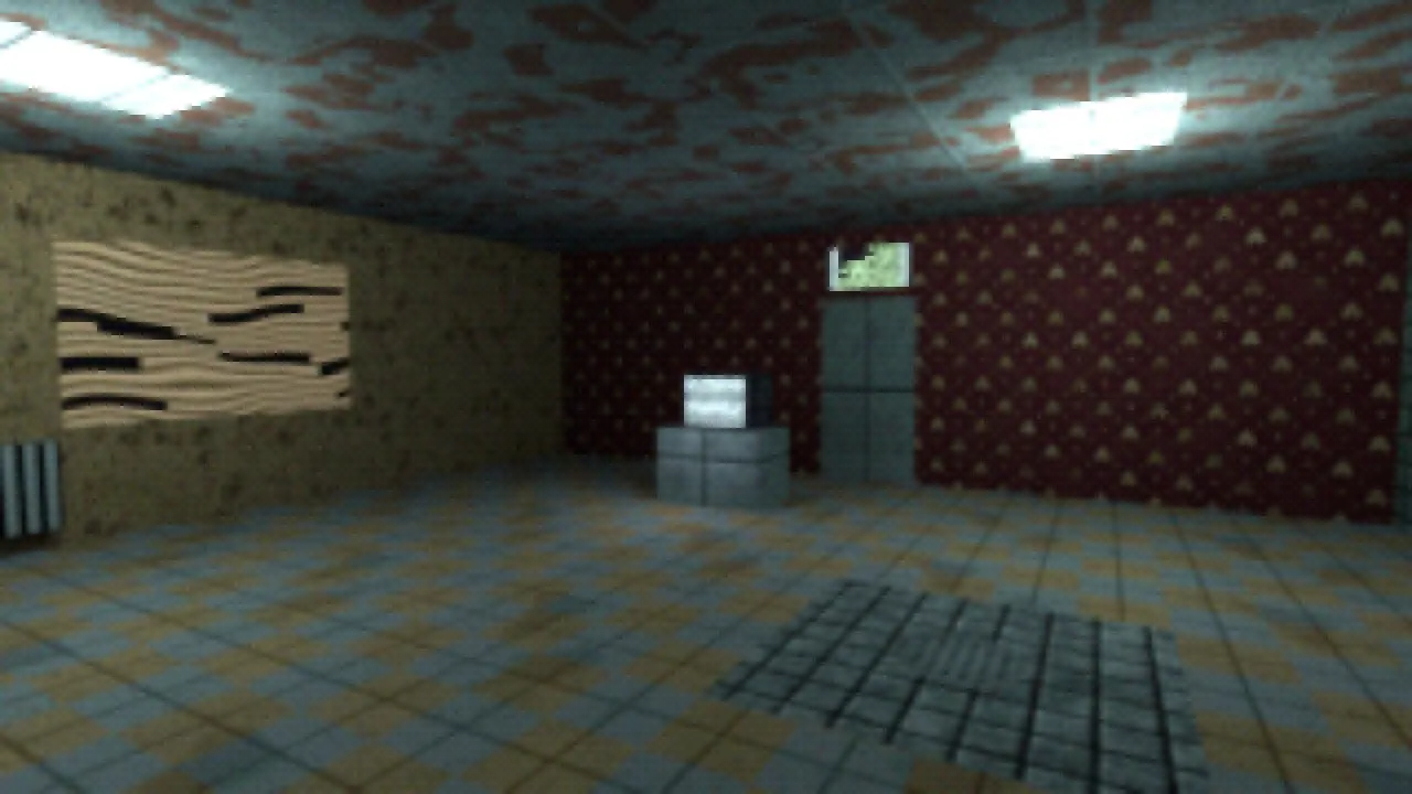 A room with nicotine-stained walls, maroon wallpaper, a mint door with a wired window, stained ceiling tiles, a tiled floor and a floor grate
