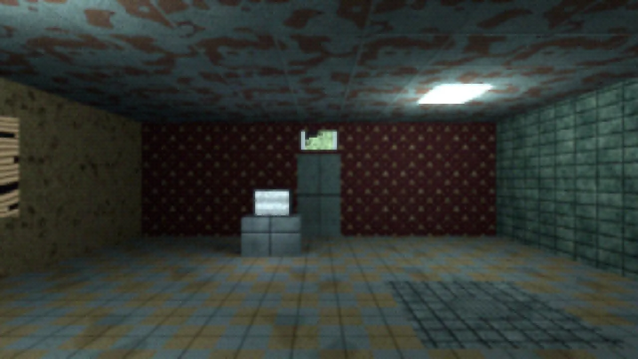 The same room towards the maroon wallpaper, with a mint-tiled wall and a lit sign above the door
