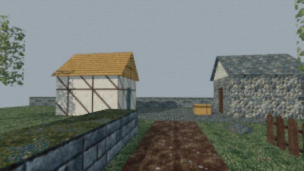 A moorland village in Blender built from Fenmoor Hamlet textures: a thatched timber-framed cottage, a fieldstone house, a dry-stone wall and grass
