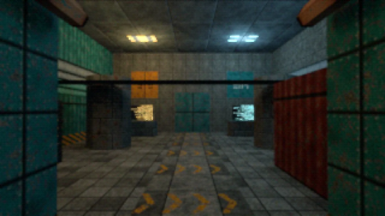 A refinery corridor in Blender built from Sodium Works textures: teal hull panels, oxblood doors, amber markings and terminals