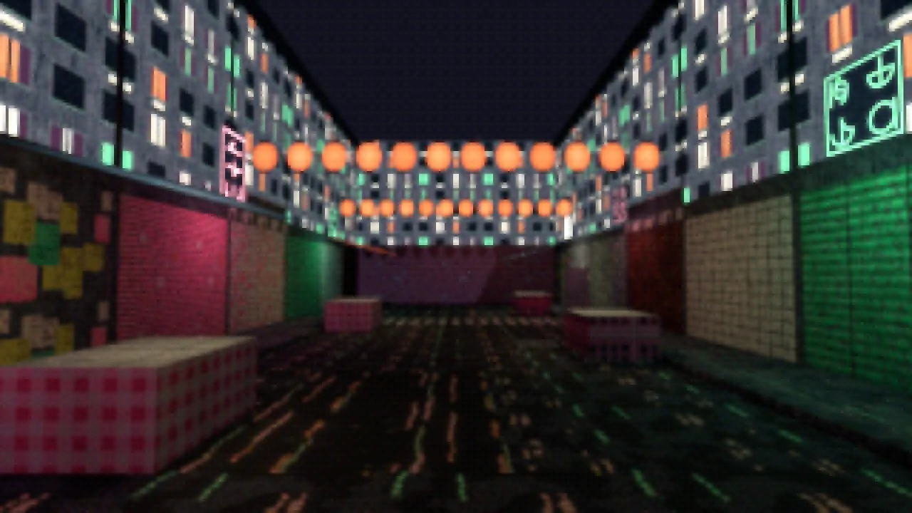 A night market lane in Blender built from Rainlight Lanes textures: lit apartment windows, strings of paper lanterns, neon signs, shop shutters and wet asphalt