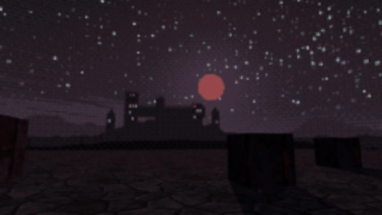 A Blender scene under the Emberhold sky Wine Moon: a red moon and stars over the silhouette of a keep, with dark blocks on flagstones