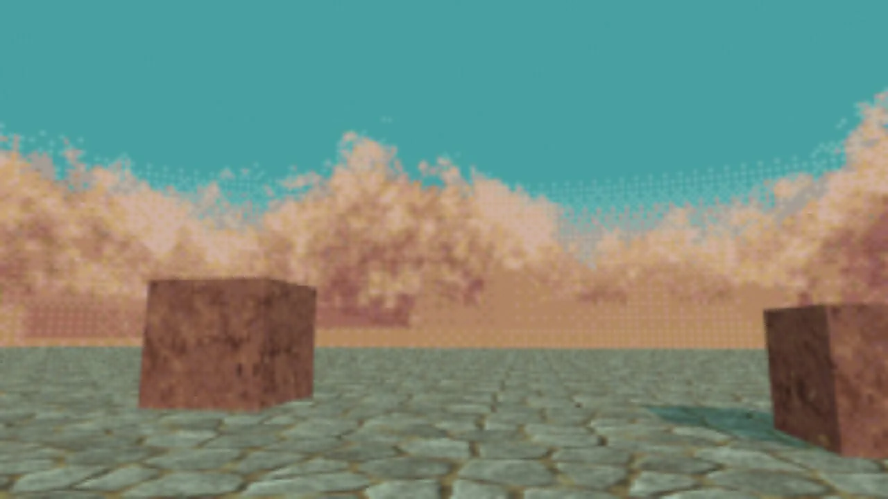 A Blender scene under the Dunewell sky Sand Wall: a haboob dust wall under a teal sky, with adobe blocks on flagstones