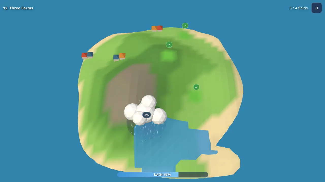 Rainherd in play: a rain cloud over a low-poly island, water running down a slope, field progress chips and the rain gauge