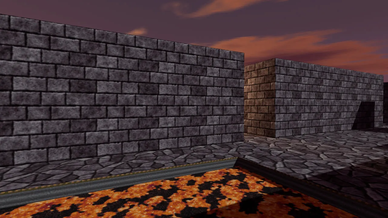 Inside a level built by Retro Level Builder with the Emberhold textures: stone walls, flagstone floor and a pool of glowing coals under a dusk sky