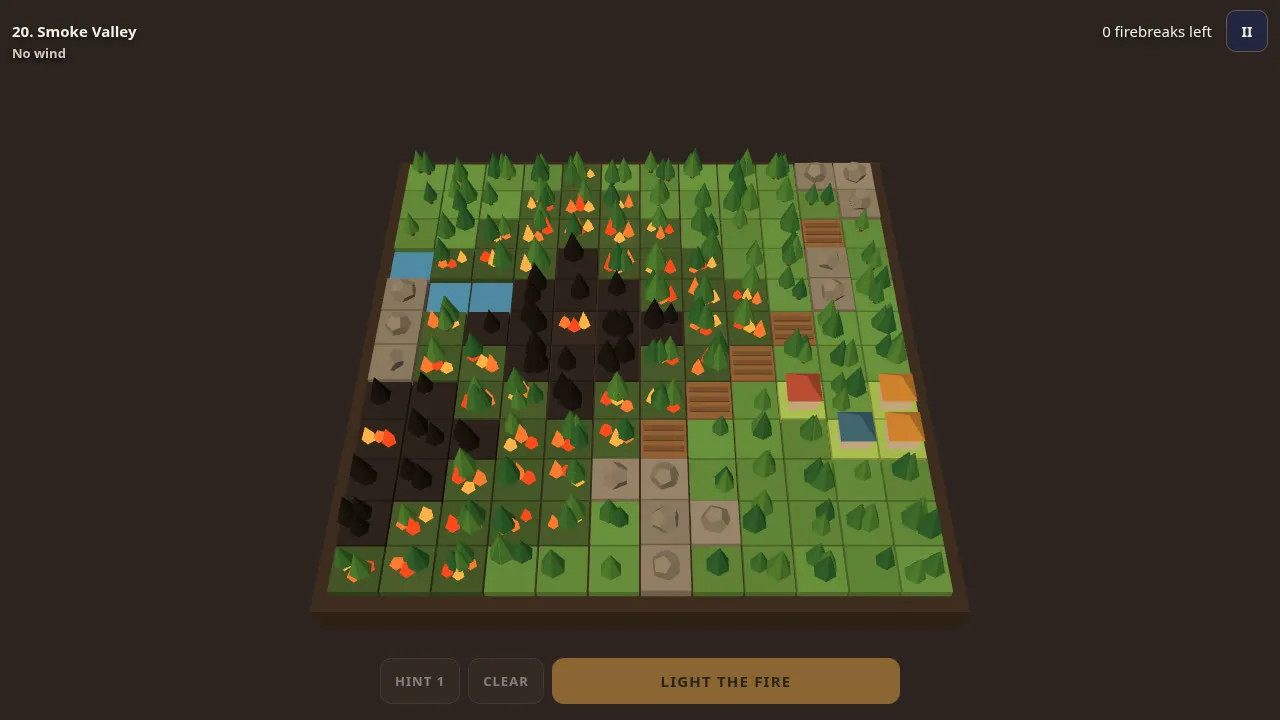 Ashline level 20 burning: flames spreading through the forest, firebreaks holding in front of the houses