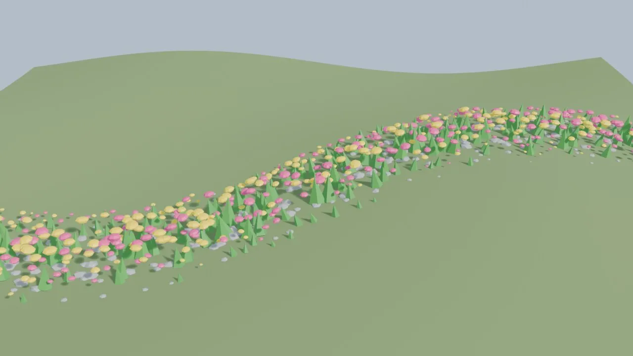 A winding stroke of flowers, grass tufts and pebbles scattered where a vertex group was painted, thinning at the soft edges