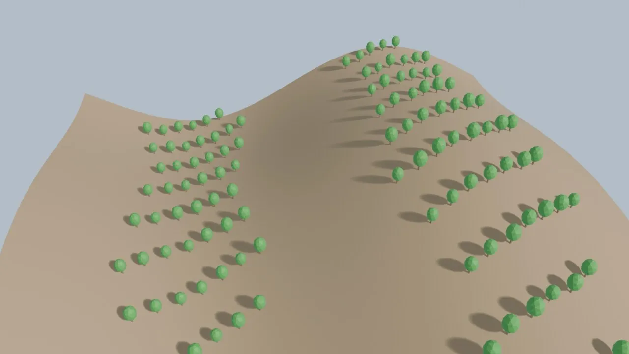 Straight staggered rows of small trees on a hilly terrain, with the steep slope between the hills left empty