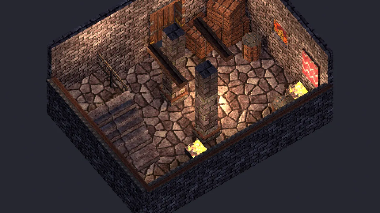 A cutaway dungeon room built from the Emberhold kit: flagstone floor, brick walls, pillars, stairs to a platform, a glowing coal pit, crates, barrels, braziers and banners