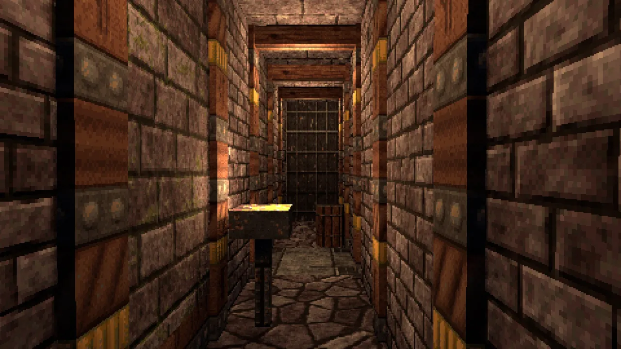 A dungeon corridor from the kit seen at eye level: brick and mossy walls, oak beams, a brazier, a barrel and a portcullis at the end