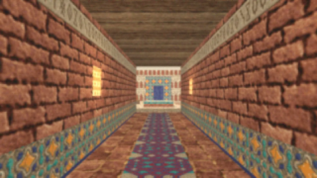 A brick corridor with a carved frieze, glowing lantern niches, a mosaic dado, a long rug on a tiled floor and a palm-beam ceiling