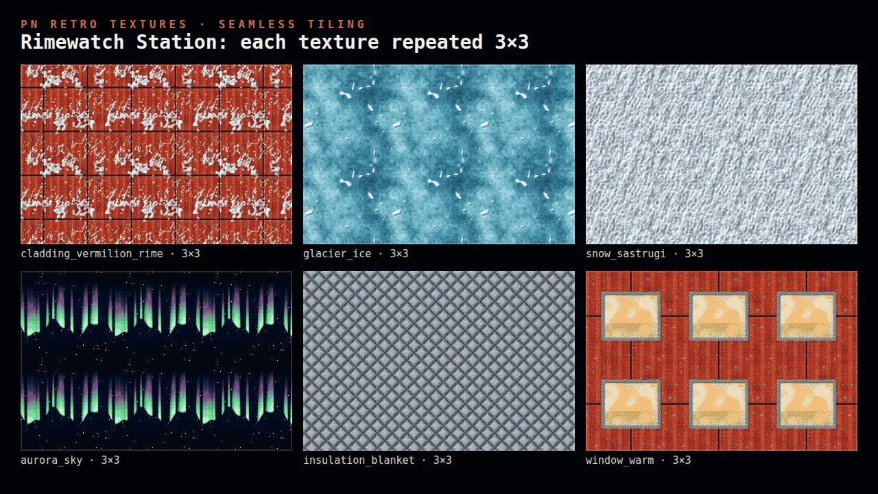 Six Rimewatch Station textures each repeated 3 × 3: vermilion cladding with rime, glacier ice, sastrugi snow, an aurora sky, an insulation blanket and a lit window