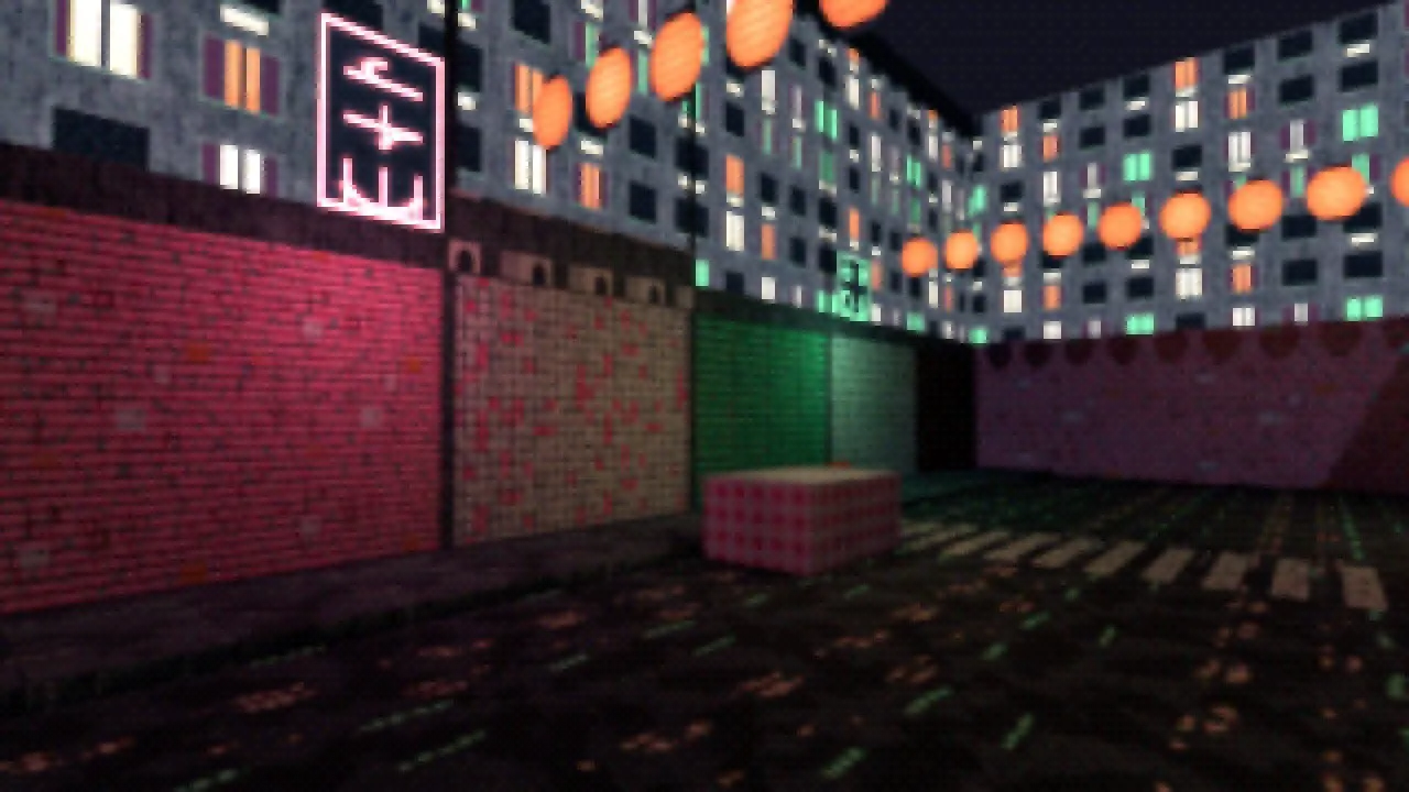 Rose, cream and green shop shutters under a rose neon sign and a string of lanterns, with a checked crate on wet asphalt