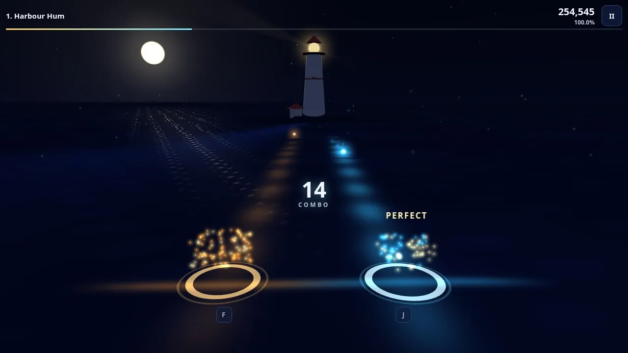 Gleamtide in play: gleams of light reaching two rings on the shore under a lighthouse, a combo of 14 and a PERFECT