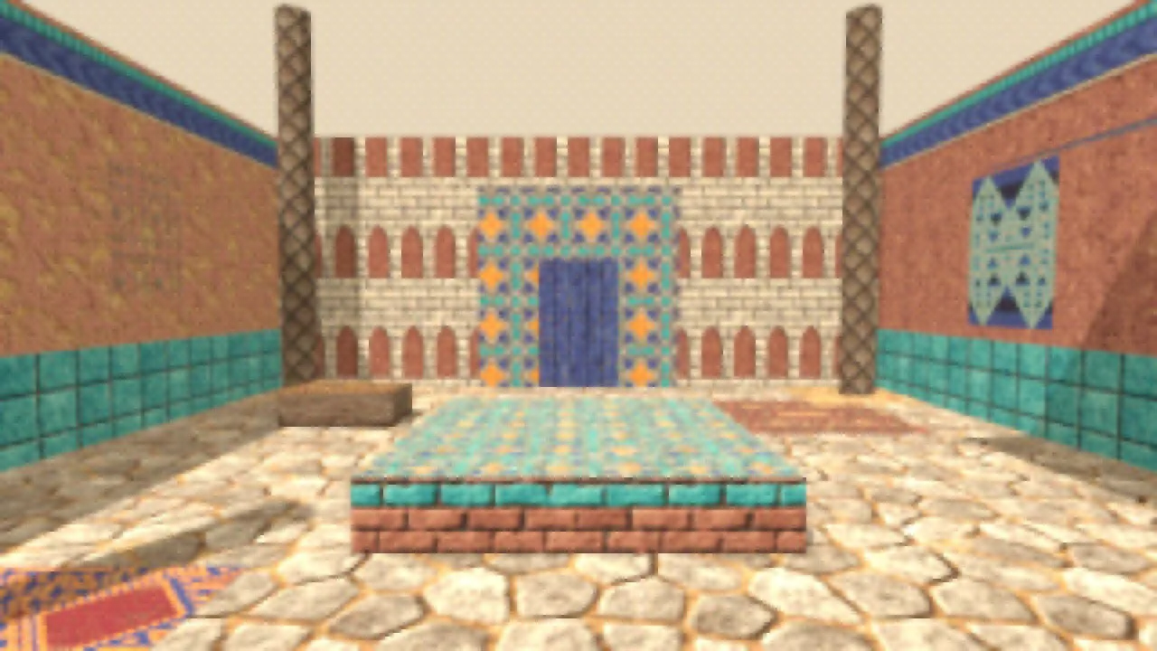 A courtyard in Blender built from Dunewell textures: rose adobe walls, a limestone arcade wall with a turquoise rosette mosaic, a tiled fountain base and flagstones