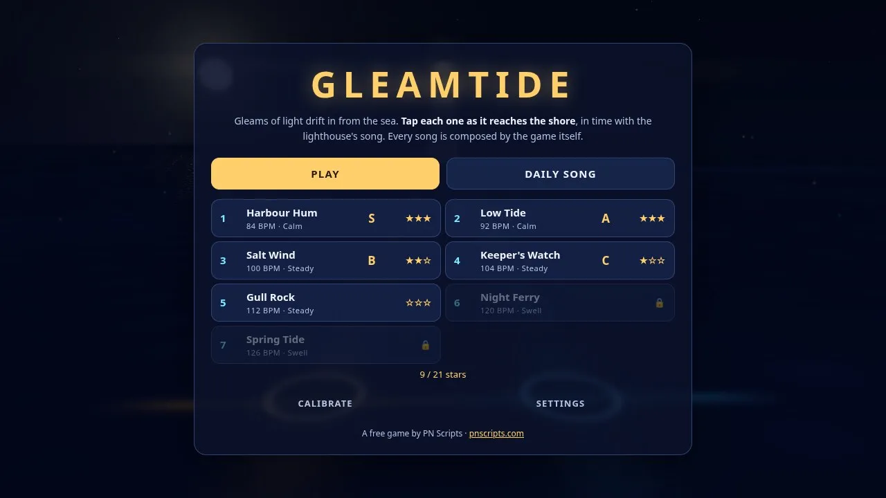 The Gleamtide title screen: the song list with tempo, grades and stars, Play, Daily song, Calibrate and Settings