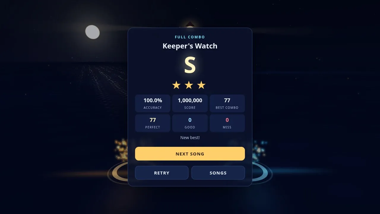 Gleamtide results: a full combo with grade S, three stars and 100 % accuracy