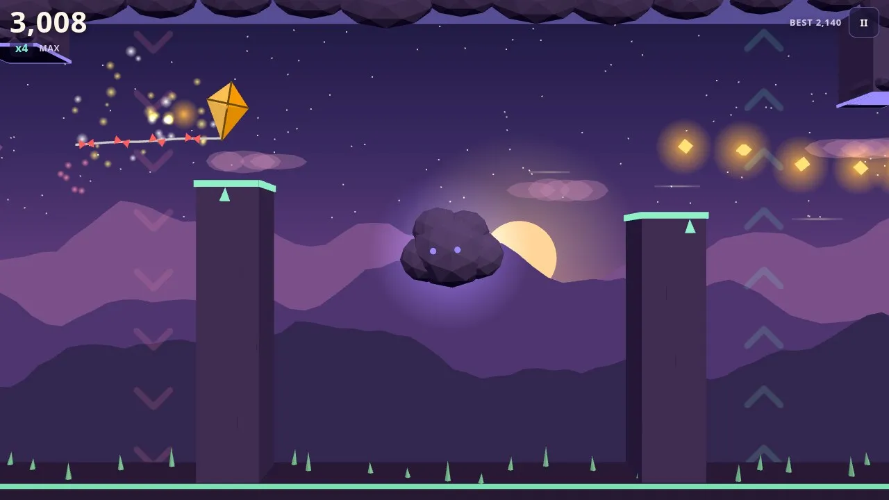 An orange kite passing a storm cloud and a row of sparks at a score of 3,008